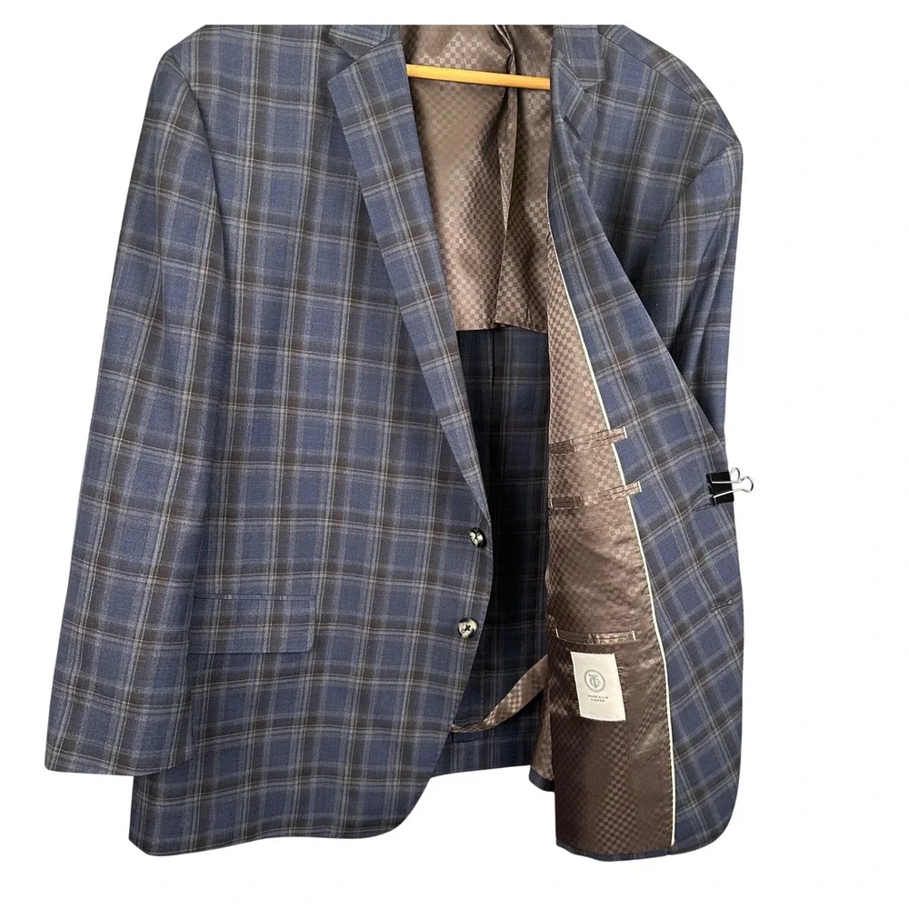 Trunk Club Custom Mens Blue Brown Plaid Wool Blend Blazer Sport Coat C203 50R